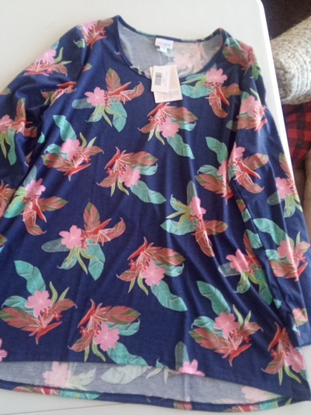 LuLaRoe Navy Floral Long Sleeve Tee with Pink & Green Print